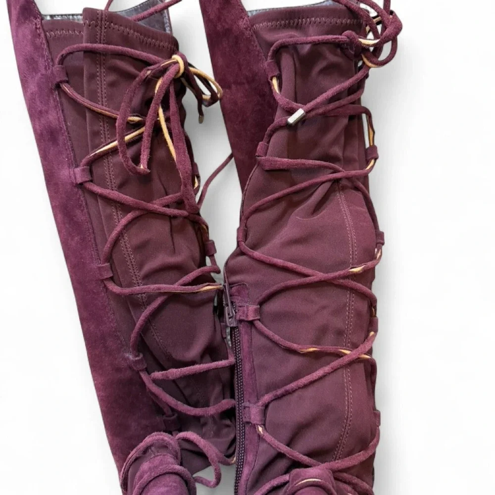 Vince Camuto‎ Parle Burgundy Over The Knee Suede Corset Lace Boots, Women's 8.5